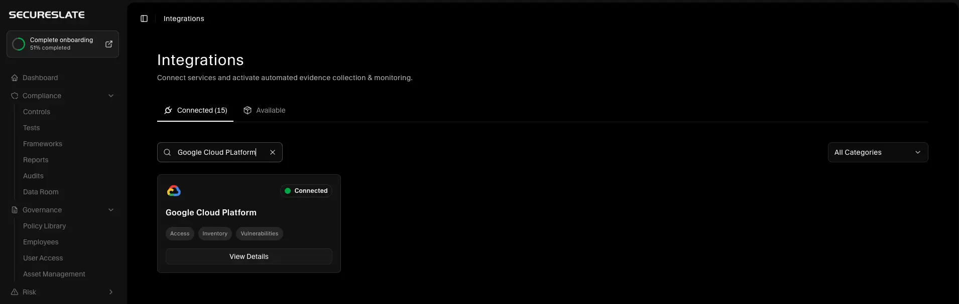 Integrations - Google Cloud Platform connected