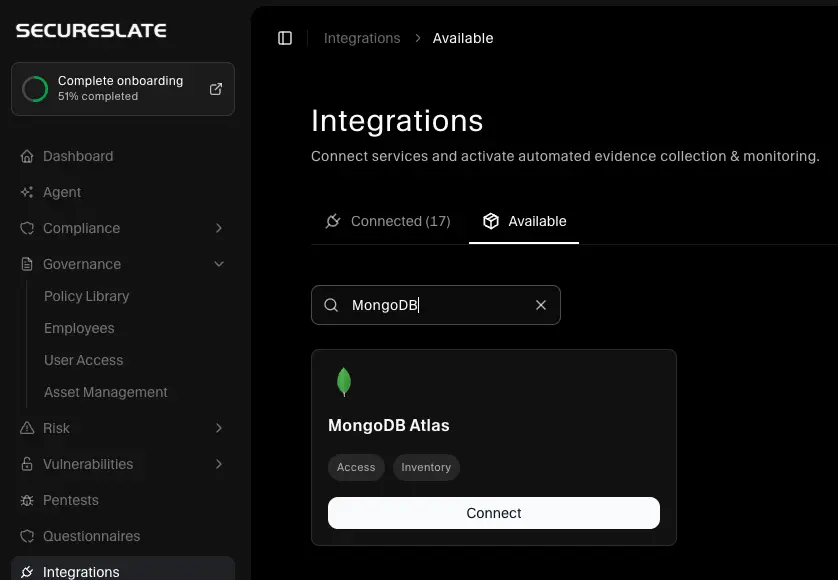 SecureSlate Integrations – MongoDB Atlas available