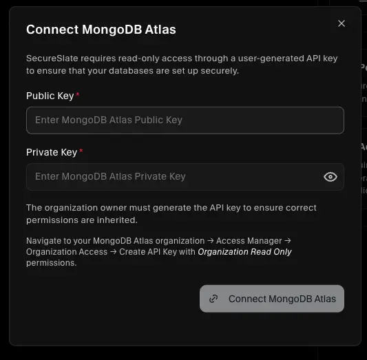 SecureSlate – Connect MongoDB Atlas form
