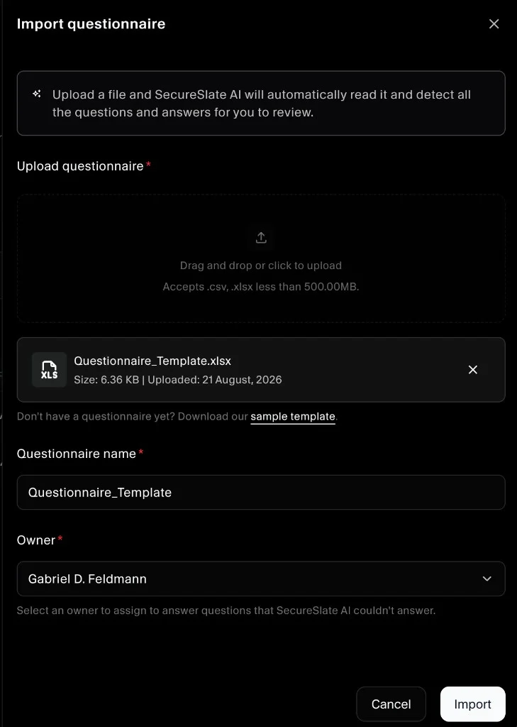 Import questionnaire dialog