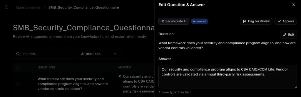 Questionnaire review table
