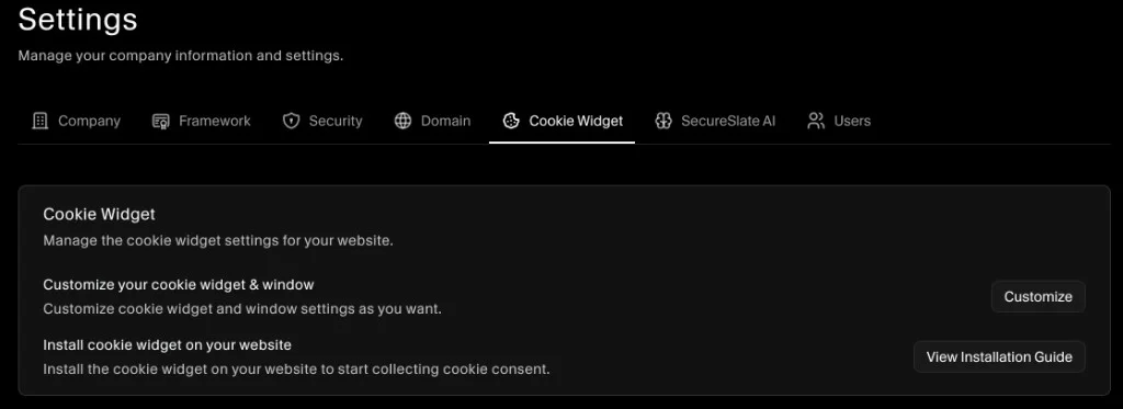 Settings - Cookie Widget
