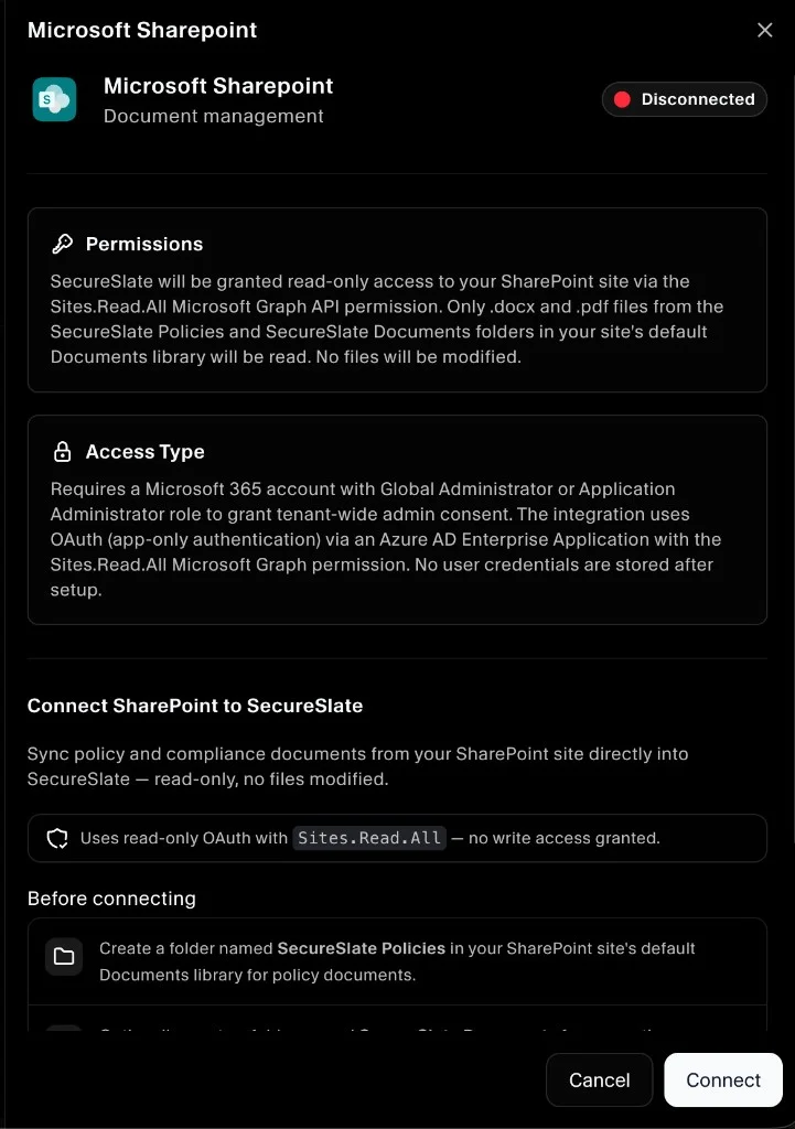 SecureSlate – Connect Microsoft SharePoint