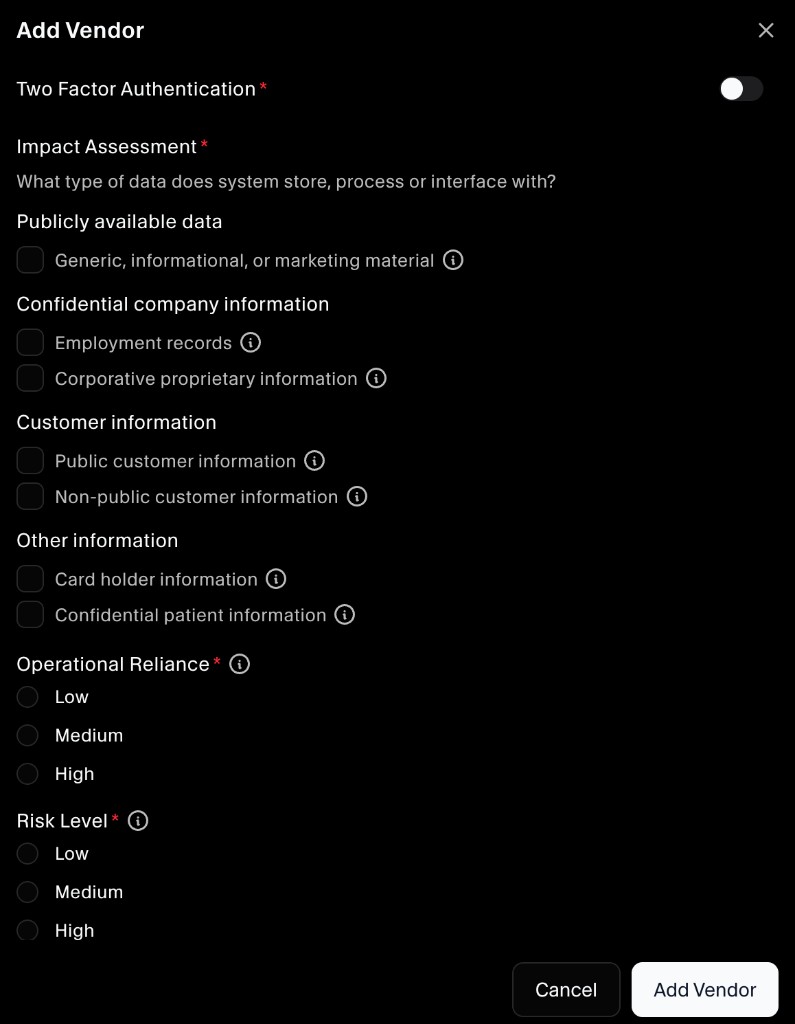 Add Vendor form - impact and risk