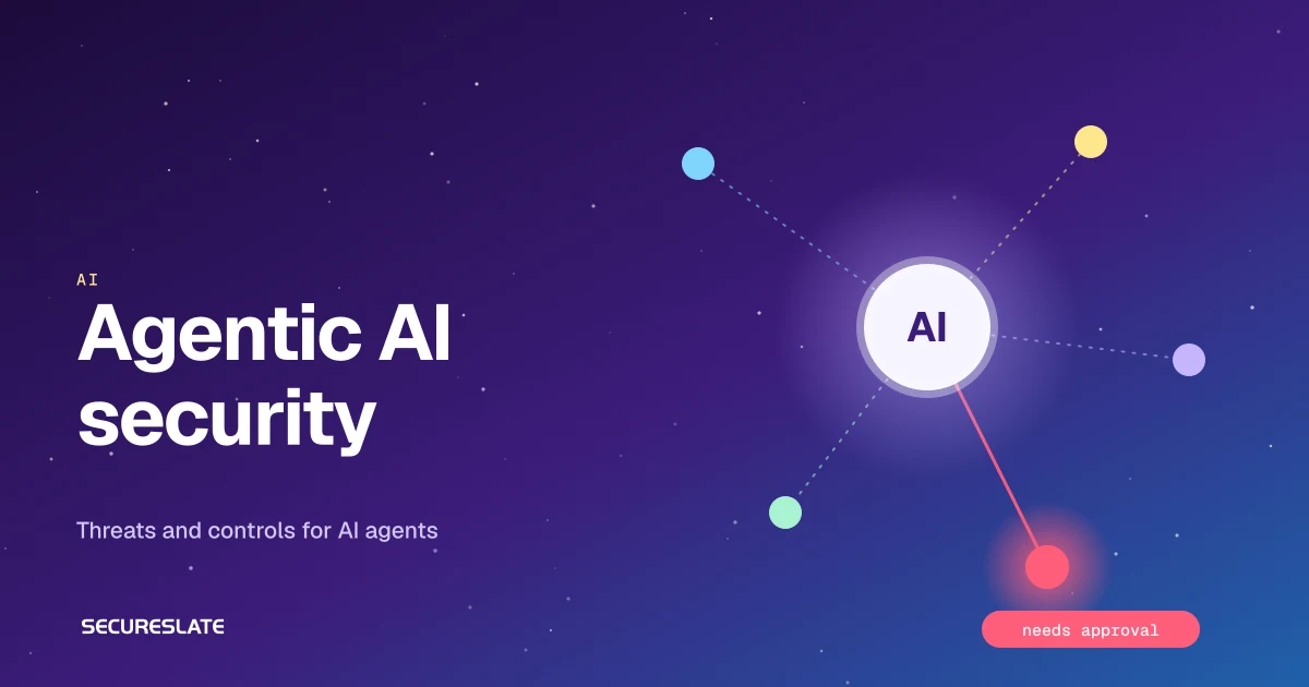 Agentic AI security illustration: an AI agent connected to tools, with one high-risk action flagged for approval