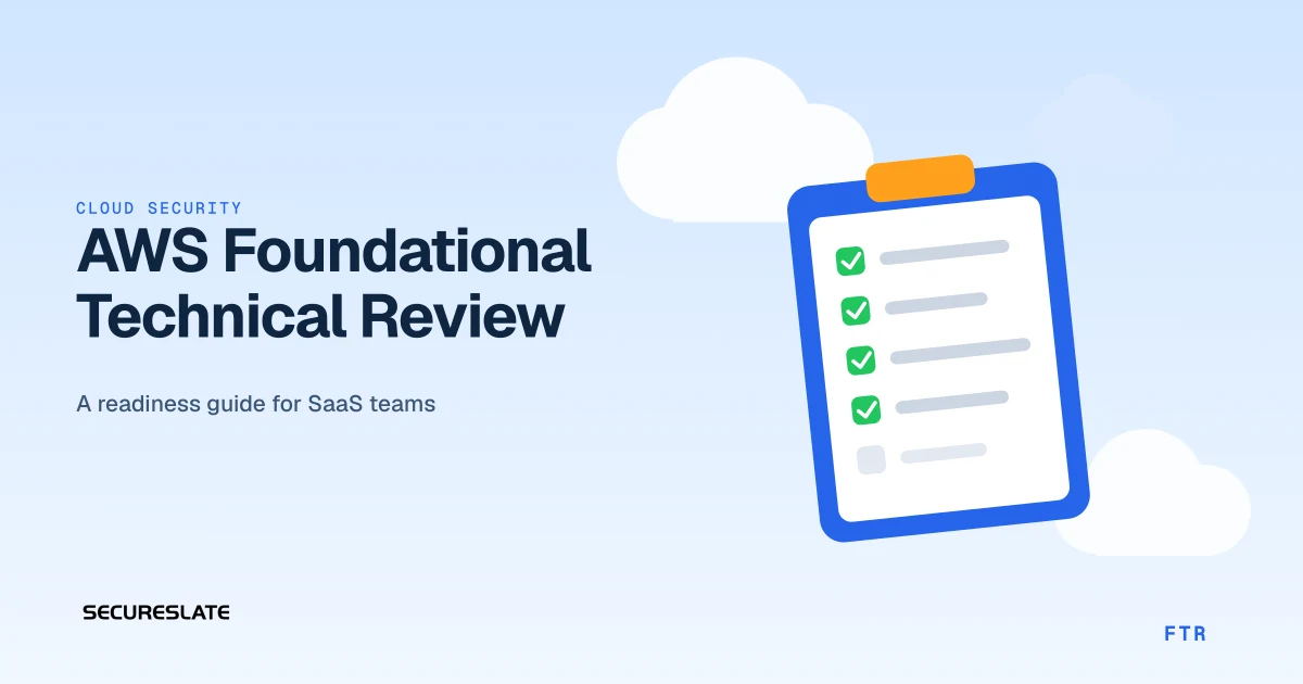 AWS Foundational Technical Review illustration: a readiness checklist on a clipboard among clouds