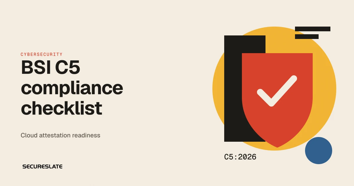 BSI C5 compliance checklist illustration: a red shield with a check mark over a gold circle, labelled C5:2026