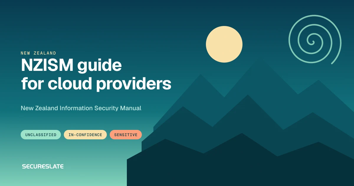 NZISM illustration: New Zealand mountains at dusk with security classification labels