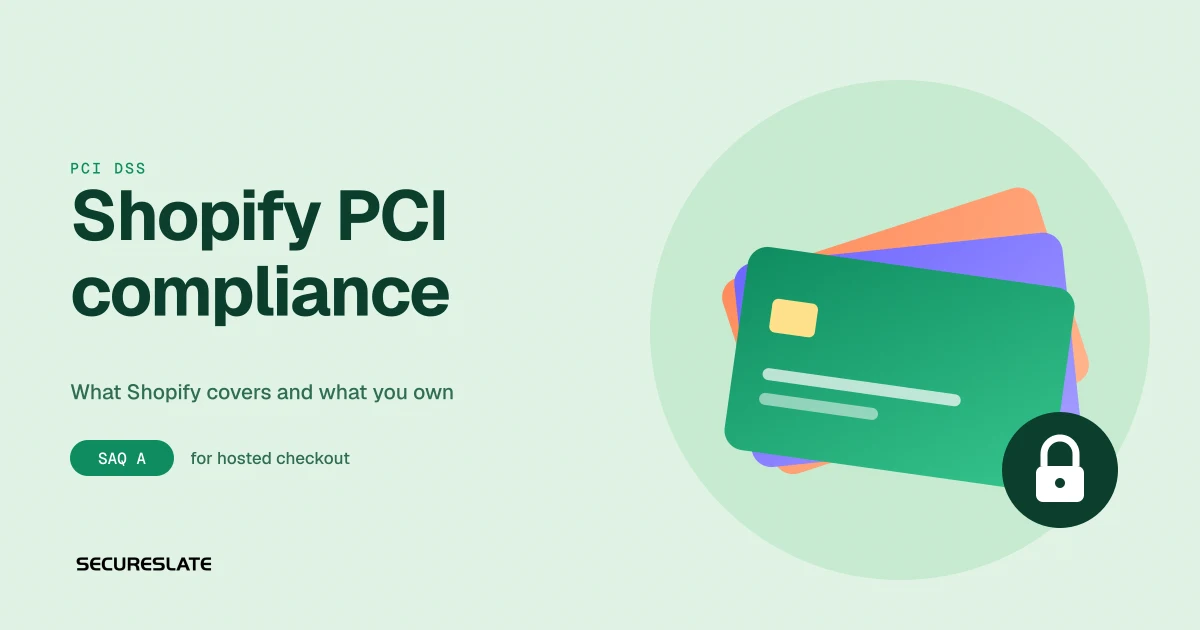 Shopify PCI compliance illustration: colorful payment cards with a lock badge and an SAQ A label