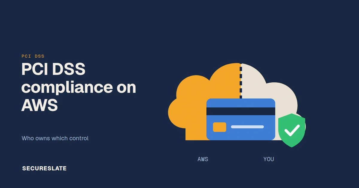 AWS PCI DSS compliance illustration: a payment card on a cloud split into AWS and customer halves, with a shield