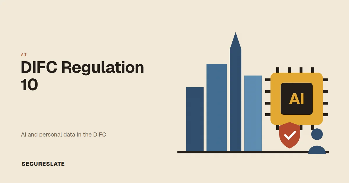 DIFC Regulation 10 illustration: a city skyline beside an AI chip with a shield and a person icon