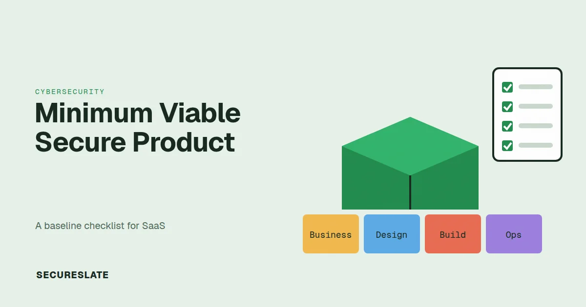 Minimum Viable Secure Product illustration: a small software box resting on four labeled foundation blocks with a checklist