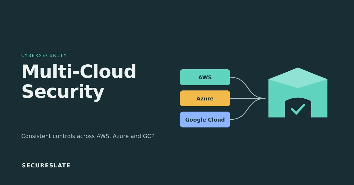 Multi-cloud security illustration: AWS, Azure and Google Cloud connected to one protected system with consistent controls