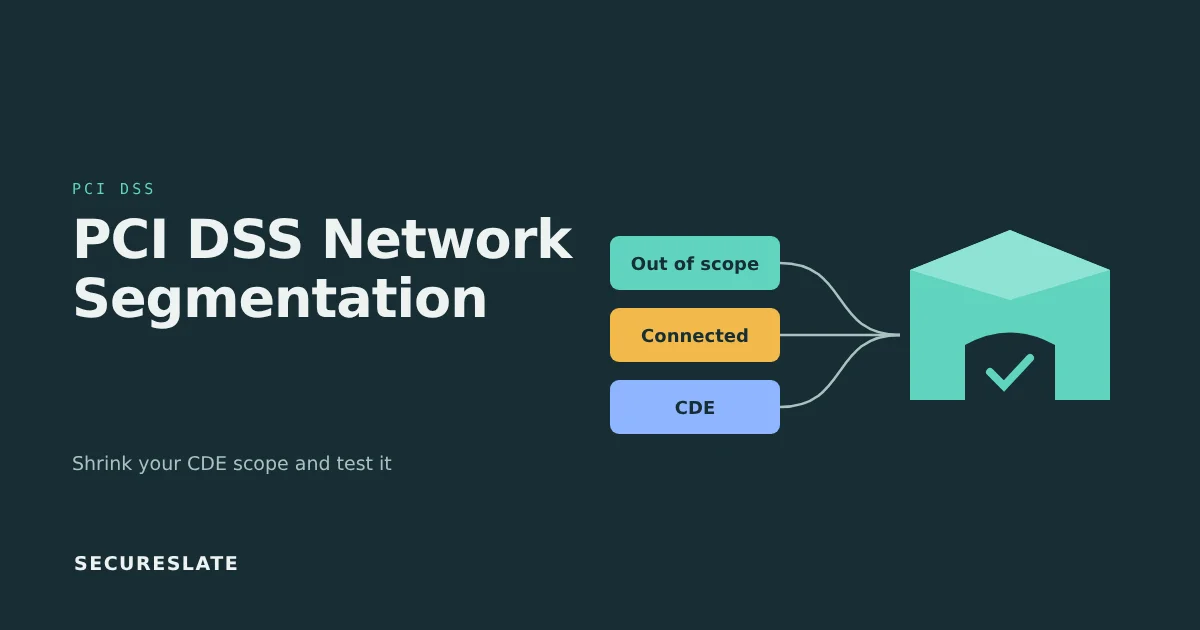 PCI DSS network segmentation illustration: out-of-scope, connected and cardholder data environment zones flowing into a protected system