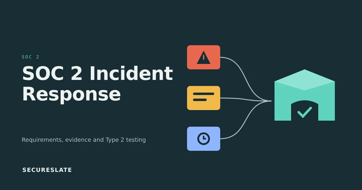 SOC 2 incident response illustration: an alert, triage notes and a response timer feeding into a protected system