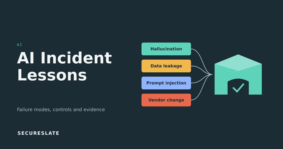 AI incidents illustration: hallucination, data leakage, prompt injection and vendor change failure modes feeding AI controls