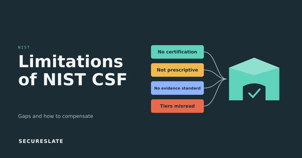 Limitations of NIST CSF illustration: no certification, not prescriptive, no evidence standard and misread tiers