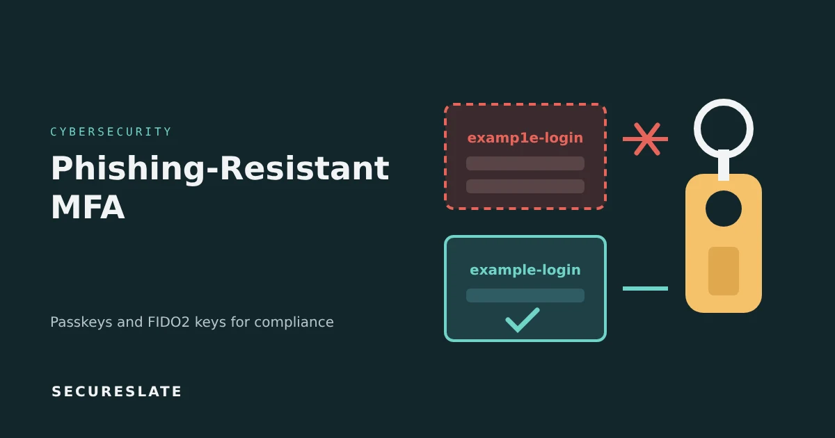 Phishing-resistant MFA illustration: a security key rejecting a look-alike login page and approving the real one