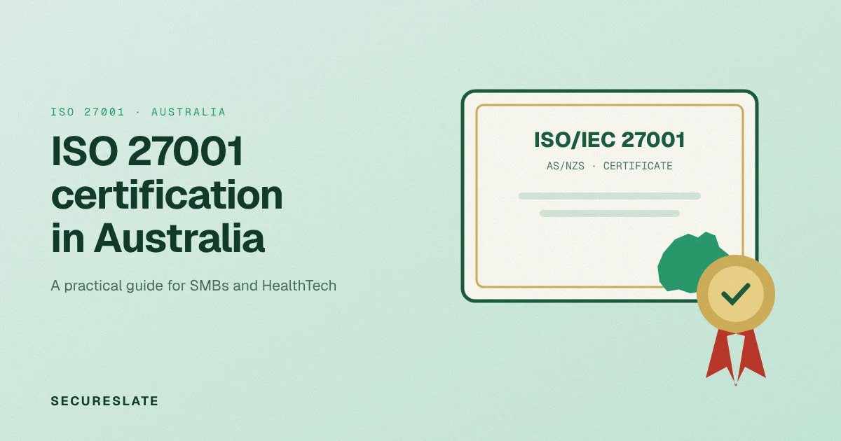 ISO 27001 certification Australia illustration: an AS/NZS ISO/IEC 27001 certificate with a map of Australia and a ribbon seal