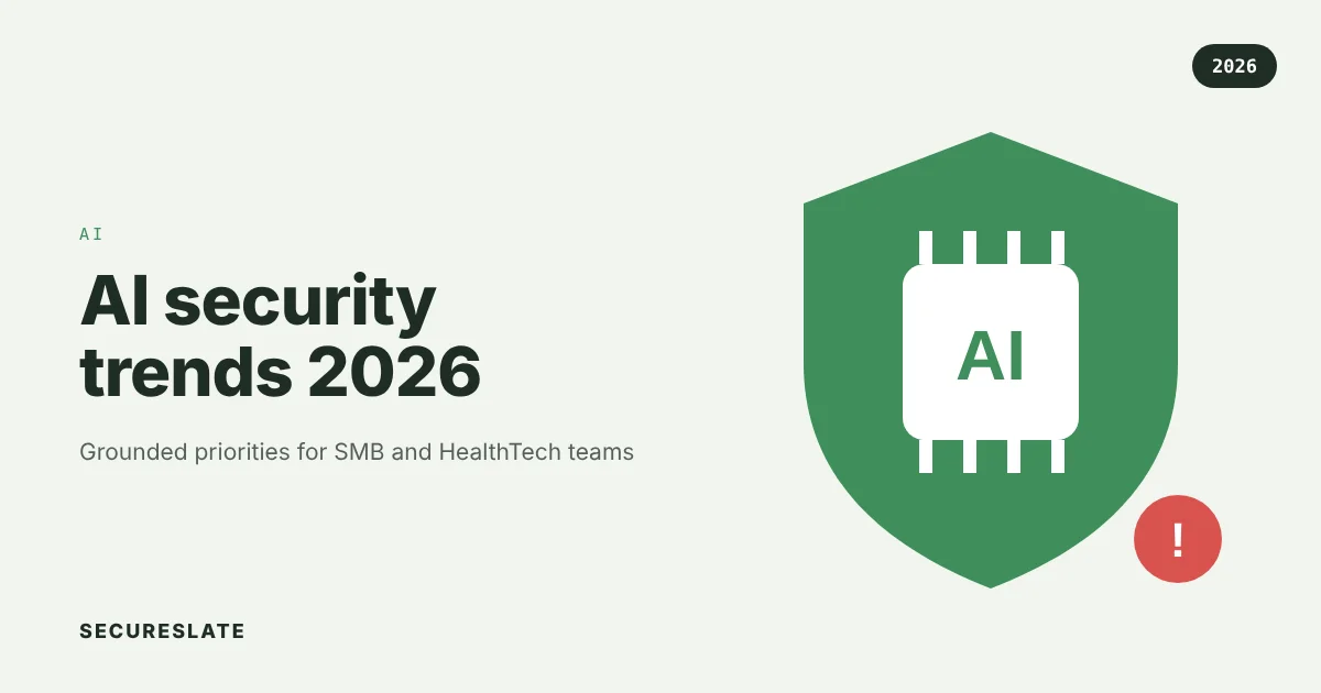 AI security trends 2026 illustration: an AI chip inside a green shield with a red alert badge