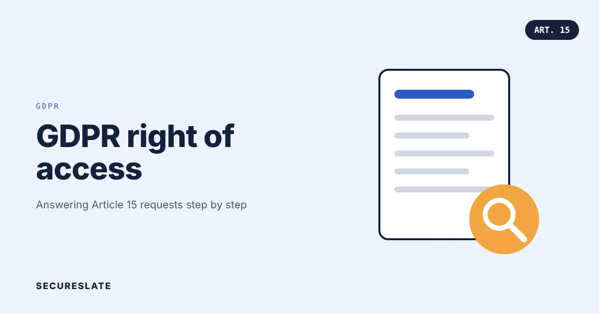GDPR right of access illustration: a personal data document with a magnifying glass for an Article 15 request