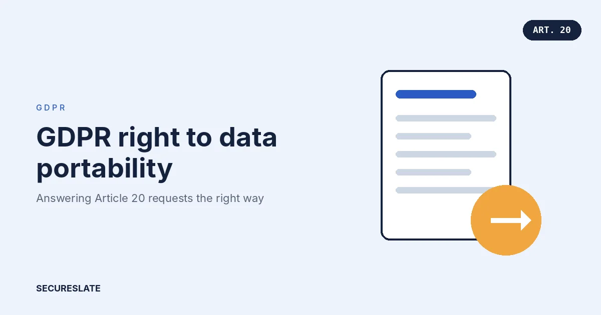 GDPR right to data portability illustration: personal data exported as a structured file and moved between two applications