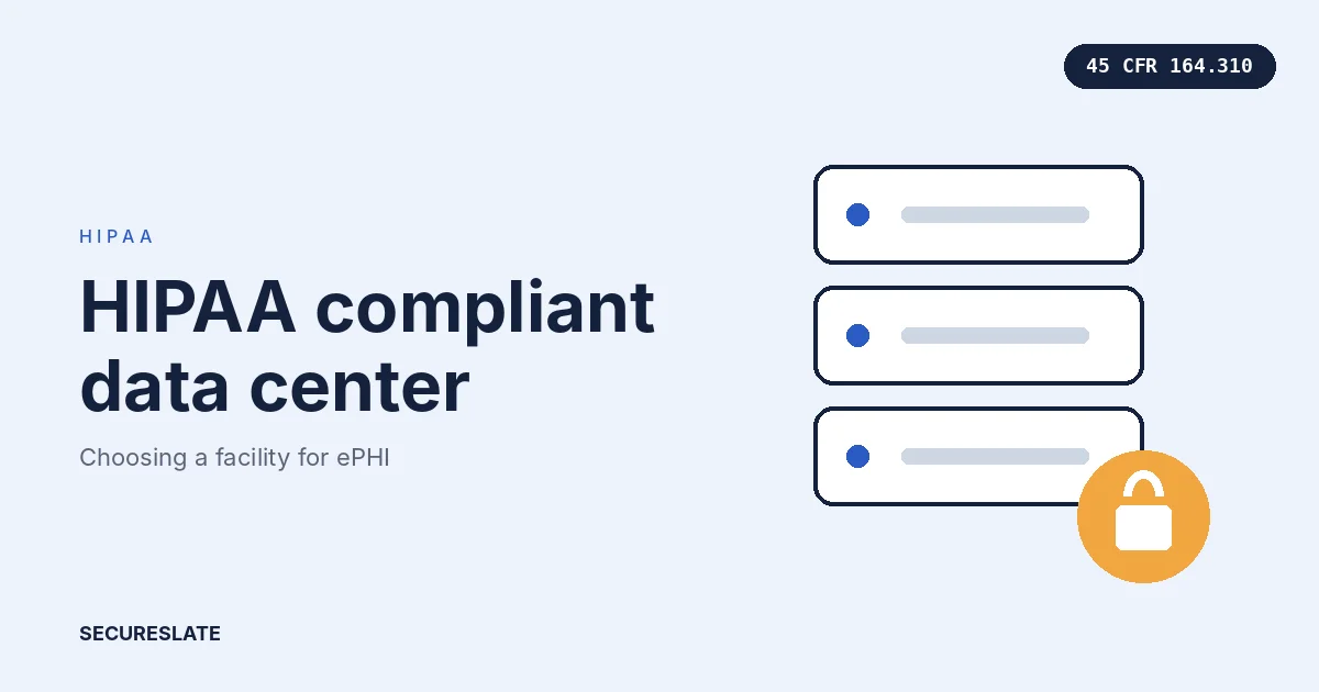 HIPAA compliant data center illustration: rows of server racks behind a locked cage door with a health record icon