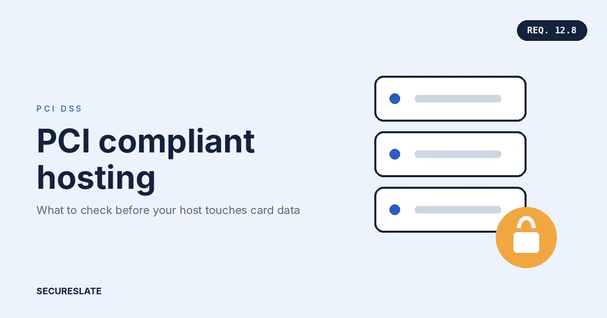 PCI compliant hosting illustration: server racks split between a hosting provider and a customer team, with a payment card and a shield