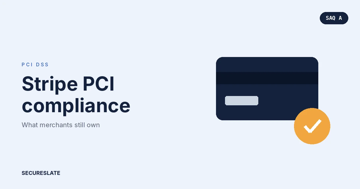 Stripe PCI compliance illustration: a SaaS checkout form with a lock icon and SAQ A, SAQ A-EP and SAQ D labels