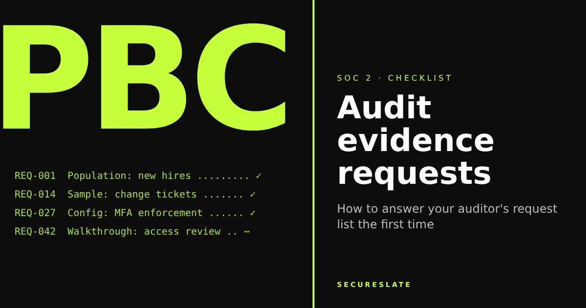 Audit evidence requests illustration: an auditor's checklist connected to stacked document folders, a calendar and a magnifying glass over a sampled record