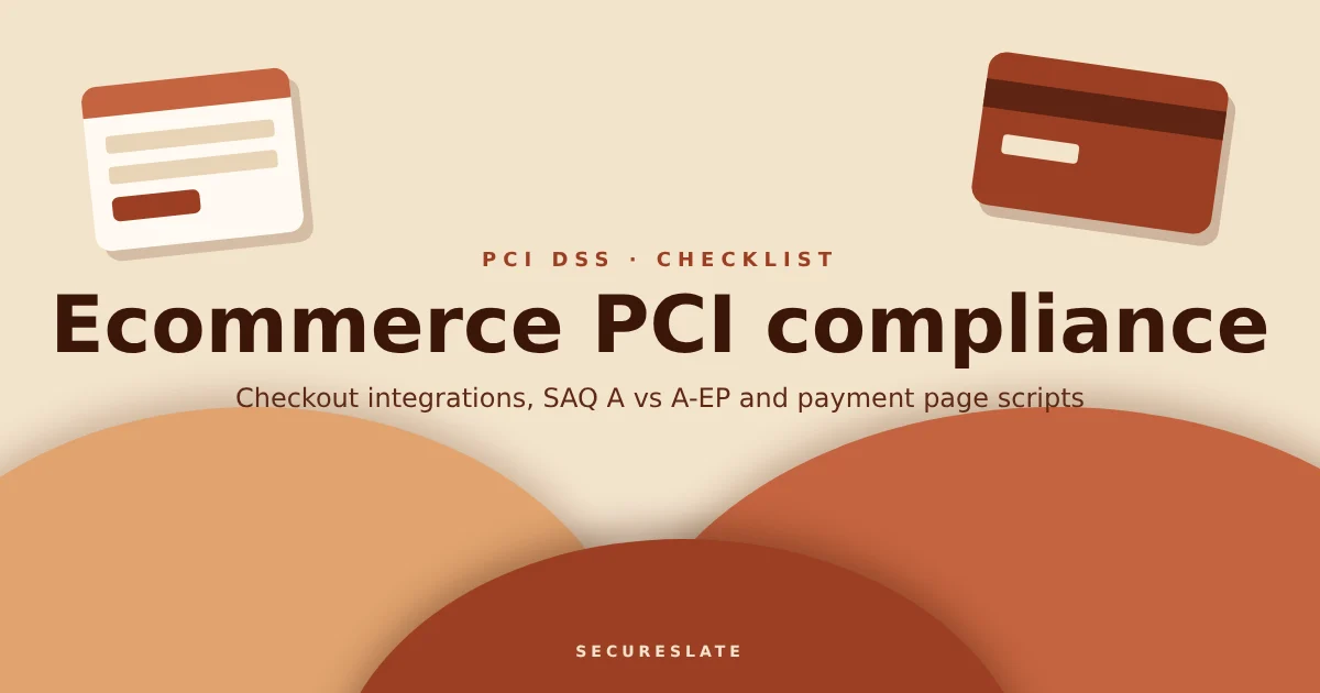 Ecommerce PCI compliance illustration: an online checkout page in a browser window with a payment card, script code blocks and a shield guarding the payment form