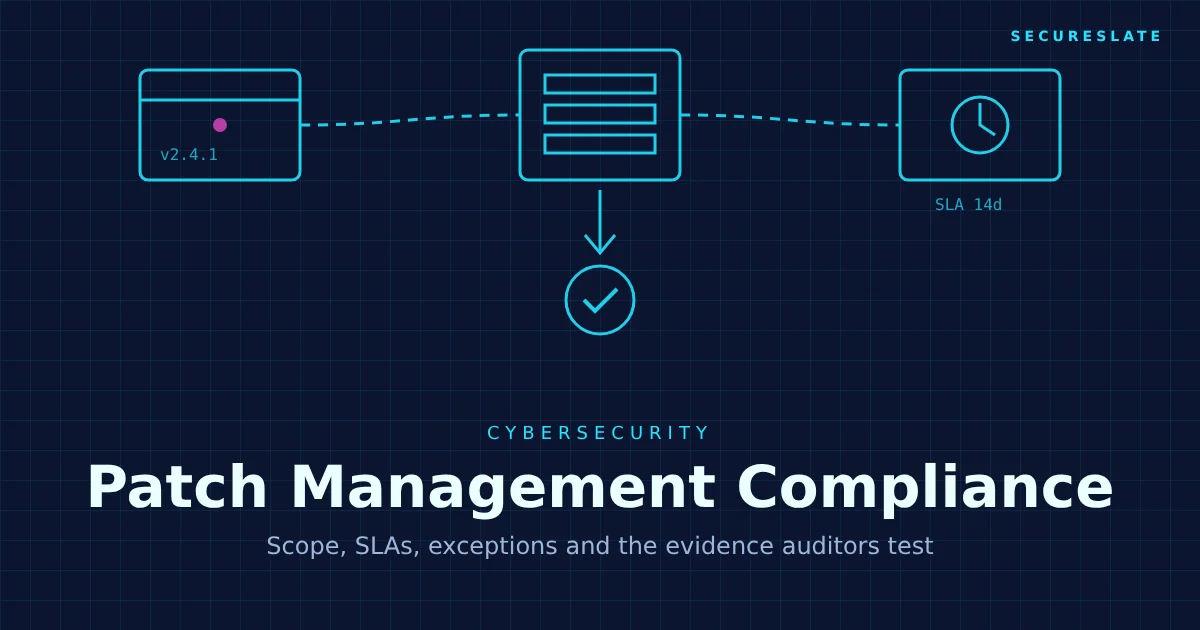 Patch management compliance illustration: servers, laptops and container icons receiving update packages along a timeline, with a checklist and a shield
