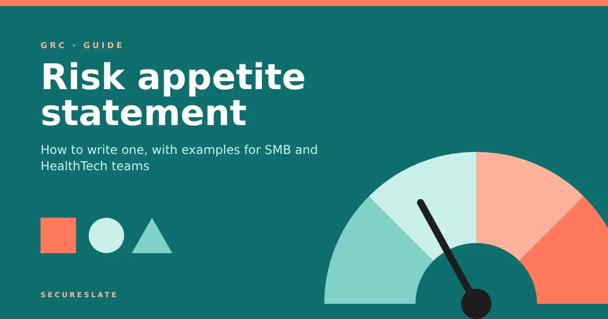 Risk appetite statement illustration: a leadership document with a dial set between low and high risk, linked to a risk register and threshold markers