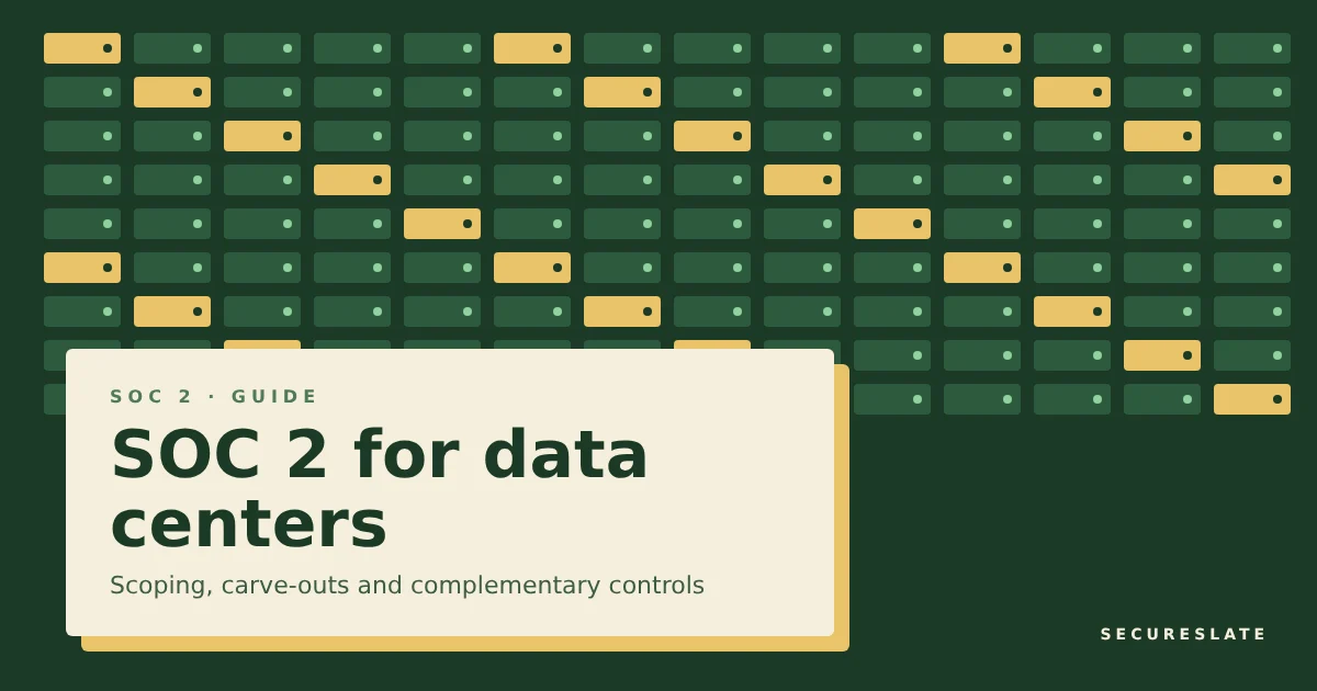SOC 2 for data centers illustration: abstract server racks inside a secured facility outline, linked by a dotted line to a customer's audit report and a shield