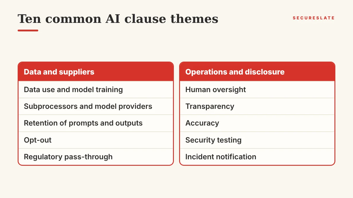 Grid of ten common AI clauses in customer contracts: data use and model training, model providers, retention, opt-out, regulatory pass-through, human oversight, transparency, accuracy, security testing, incident notification