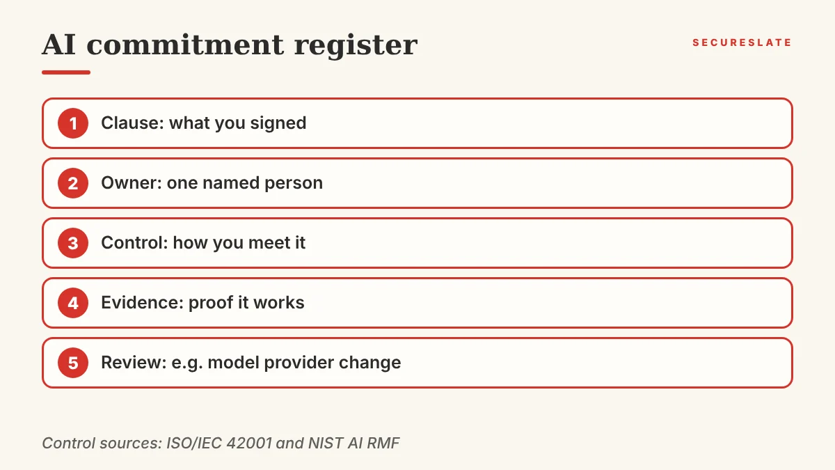 Flow for an AI commitment register: clause, owner, control, evidence, review, with ISO/IEC 42001 and NIST AI RMF as control sources