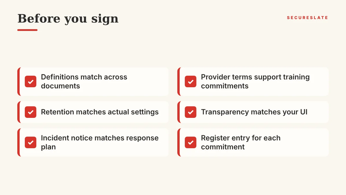 Checklist for negotiating AI clauses in customer contracts: definitions, provider terms, retention, transparency, notice, register