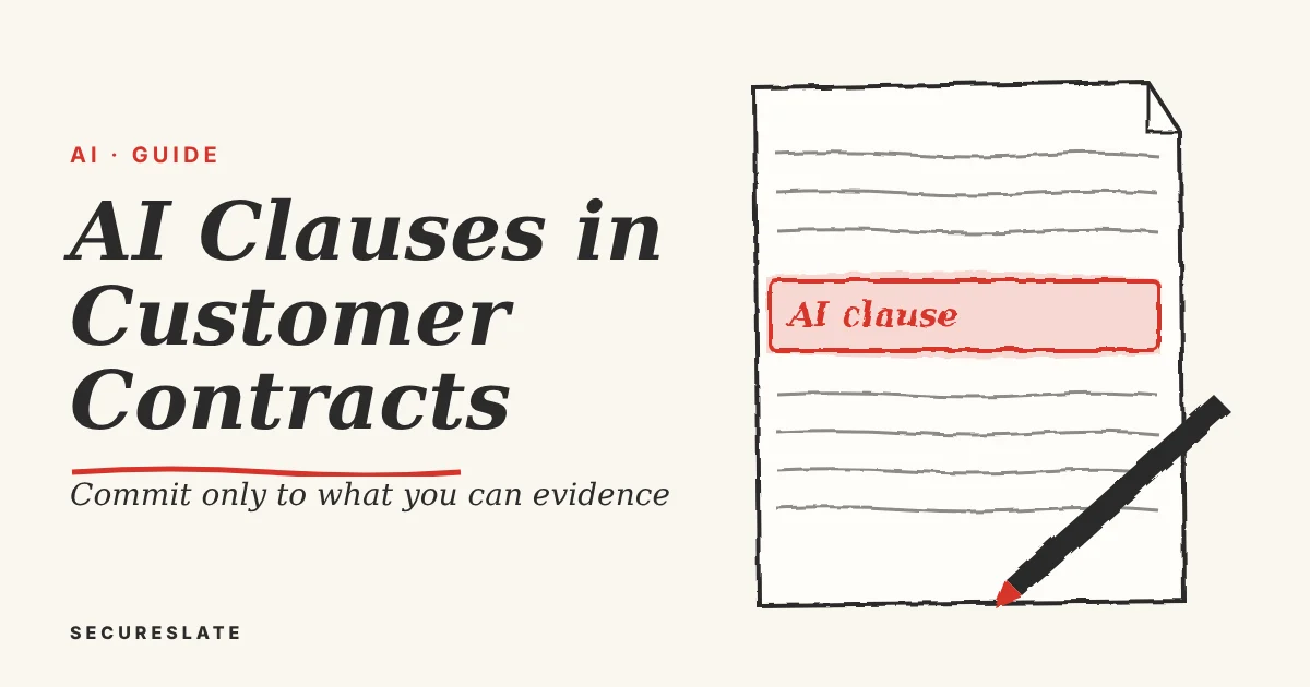 AI clauses in customer contracts illustration: a hand-drawn sketch of a contract page with a highlighted AI clause and a pen