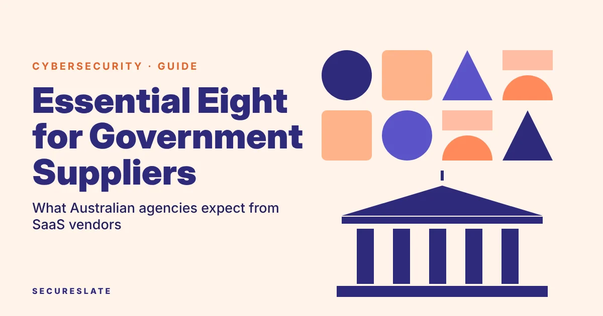 Essential Eight for government suppliers illustration: bold flat geometric composition of eight shapes arranged in a grid leading to a government building silhouette