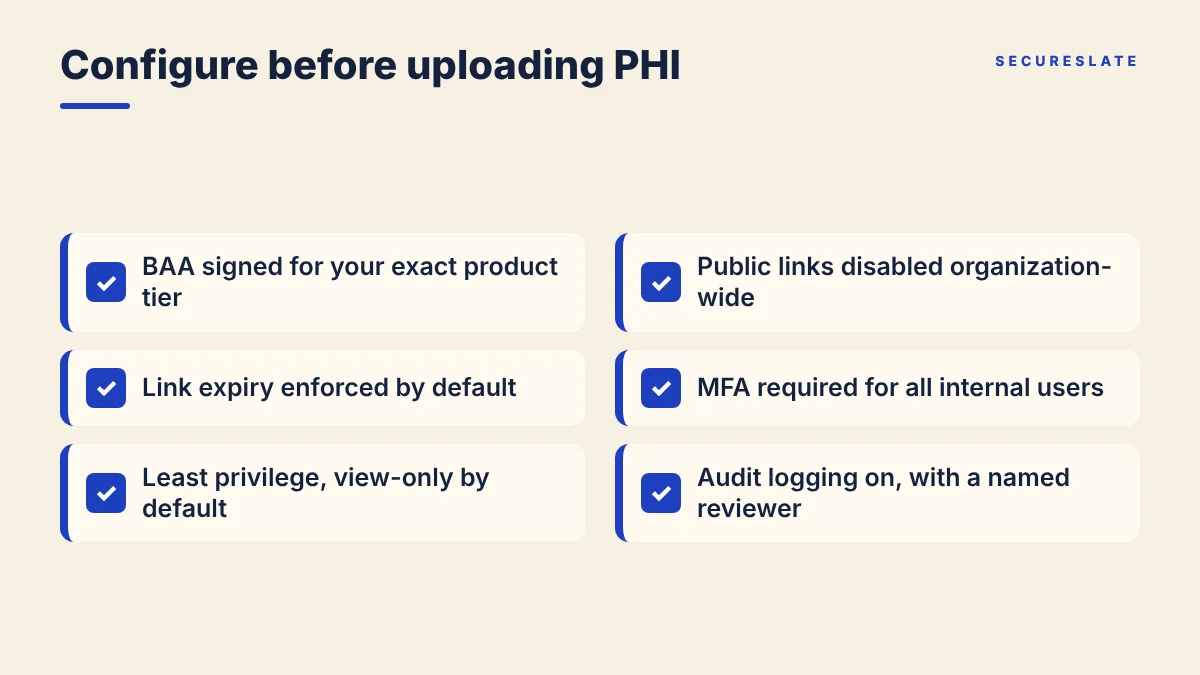 Checklist for configuring HIPAA compliant file sharing: no public links, expiring links, MFA, least privilege, logging and retention