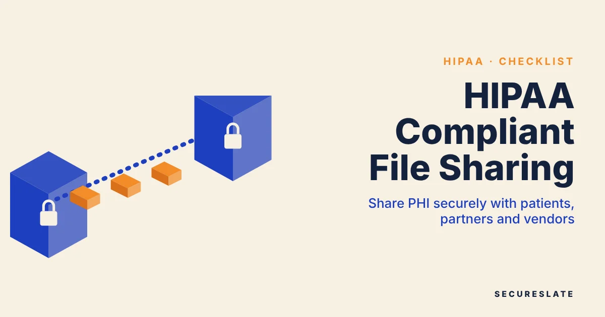 HIPAA compliant file sharing illustration: an isometric view of folders moving between two locked buildings along a secured path