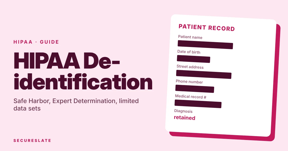 HIPAA de-identification illustration: a bold typographic poster showing a patient record whose identifier fields are covered by redaction bars