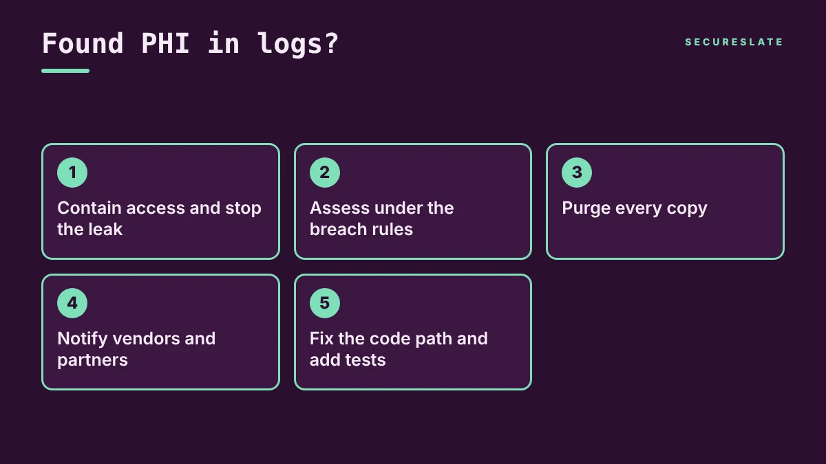 Steps diagram for PHI found in logs: contain access, assess under breach rules, purge copies, notify vendors, fix the code path