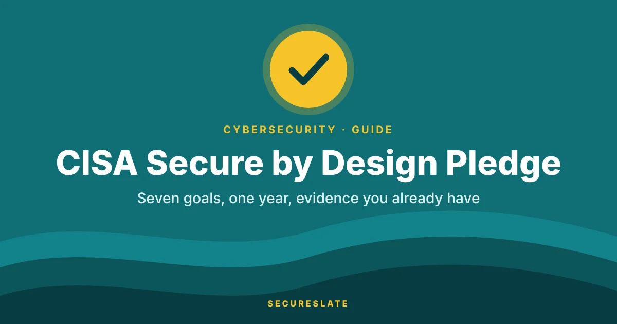 CISA Secure by Design pledge illustration: layered wave shapes rising to a centred badge with a checkmark, with the article title centred