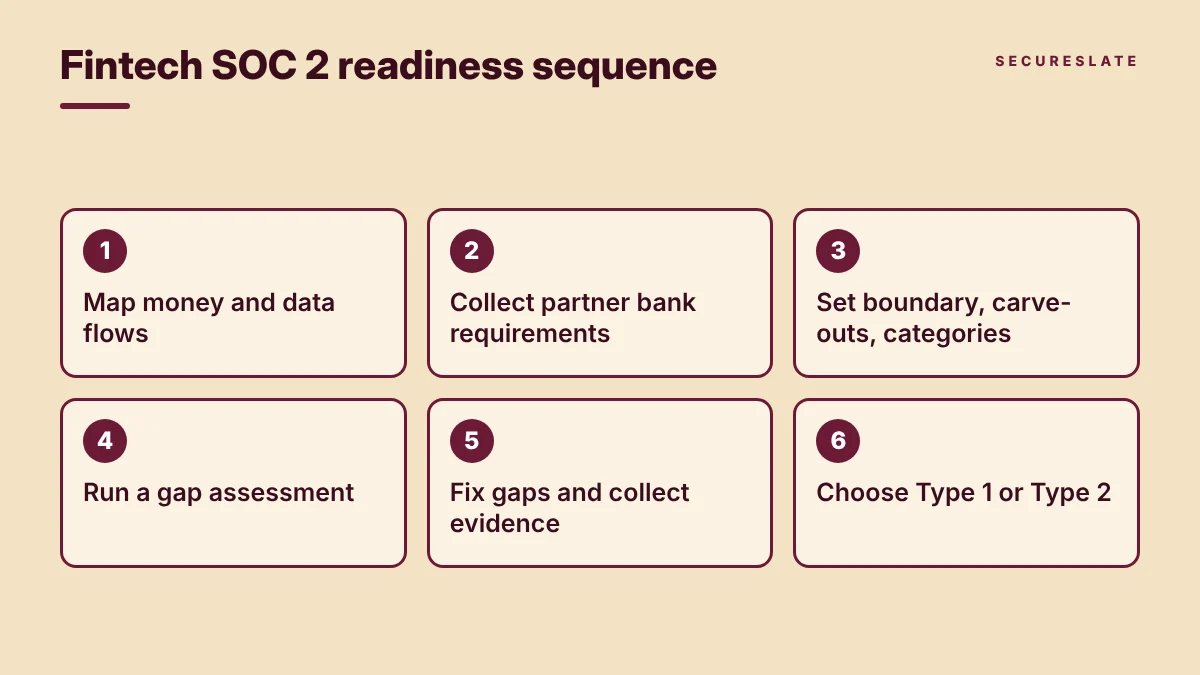 Six-step fintech SOC 2 readiness sequence from mapping money flows to choosing Type 1 or Type 2