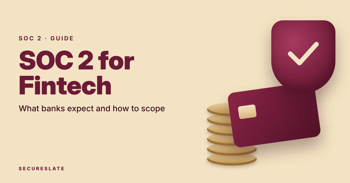 SOC 2 for fintech illustration: soft 3D-look shapes, a stacked coin column and a rounded shield with a checkmark beside a bank card
