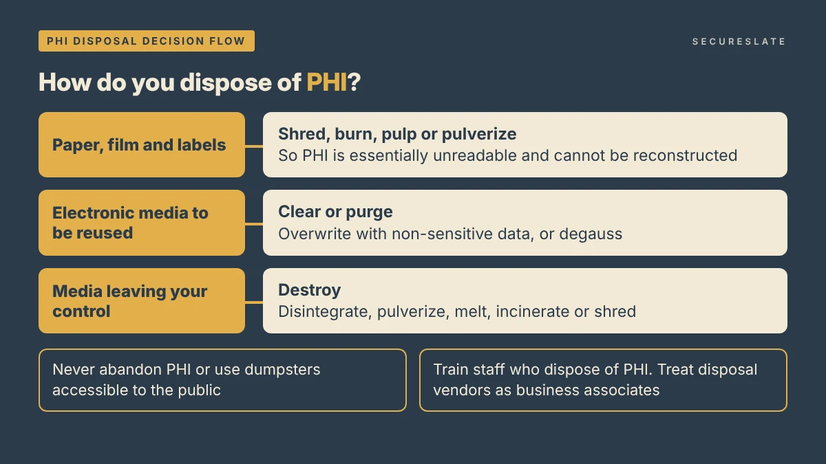 Decision flow for disposing of PHI: paper records, reusable electronic media and media leaving your control