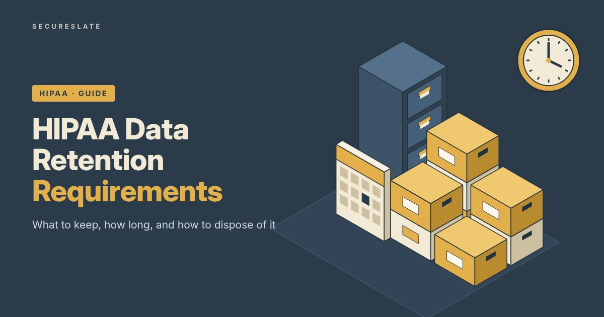 HIPAA data retention requirements illustration: an isometric stack of archive boxes and file drawers beside a calendar and clock