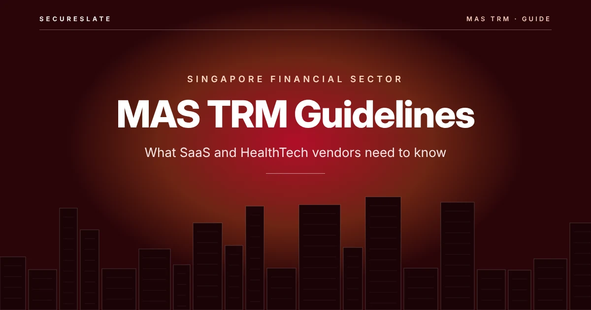MAS TRM guidelines illustration: a centred title over an abstract skyline of generic towers on a dark crimson background with a red and orange glow
