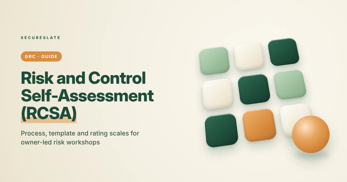 Risk and control self-assessment (RCSA) guide illustration: soft 3D tiles arranged in a 3x3 grid beside a sphere on a cream background